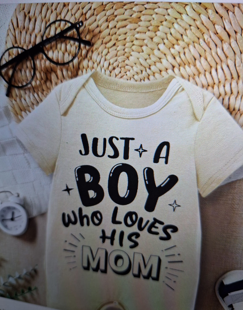 Tan Romper with "Just a Boy Who Loves His Mom"